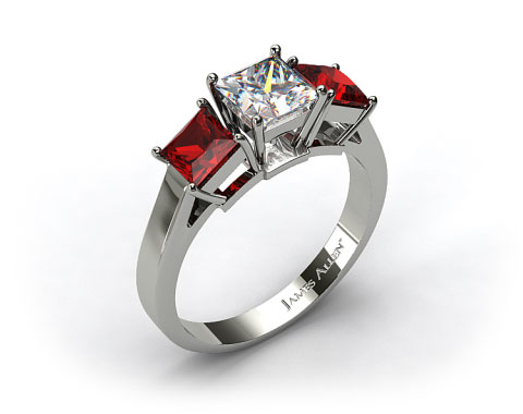 18k White Gold Three Stone Princess Shaped Ruby Engagement Ring